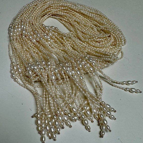 WOW! Couture Vintage Y2K multi~15 strand 54”GENUINE PEARLS 14kt gold ball lariat